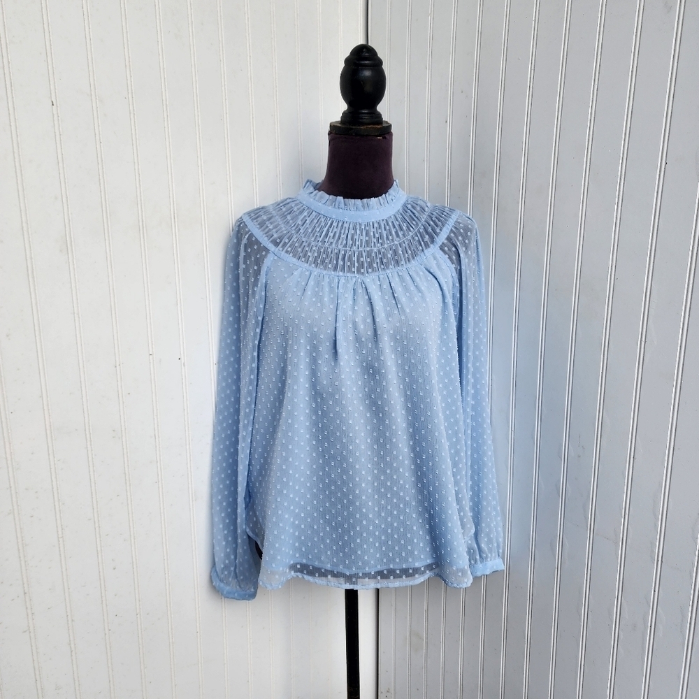 Loft Swiss Dot Ruffle Neck Balloon Sleeve Blouse Light Blue Sheer Boho Keyhole M